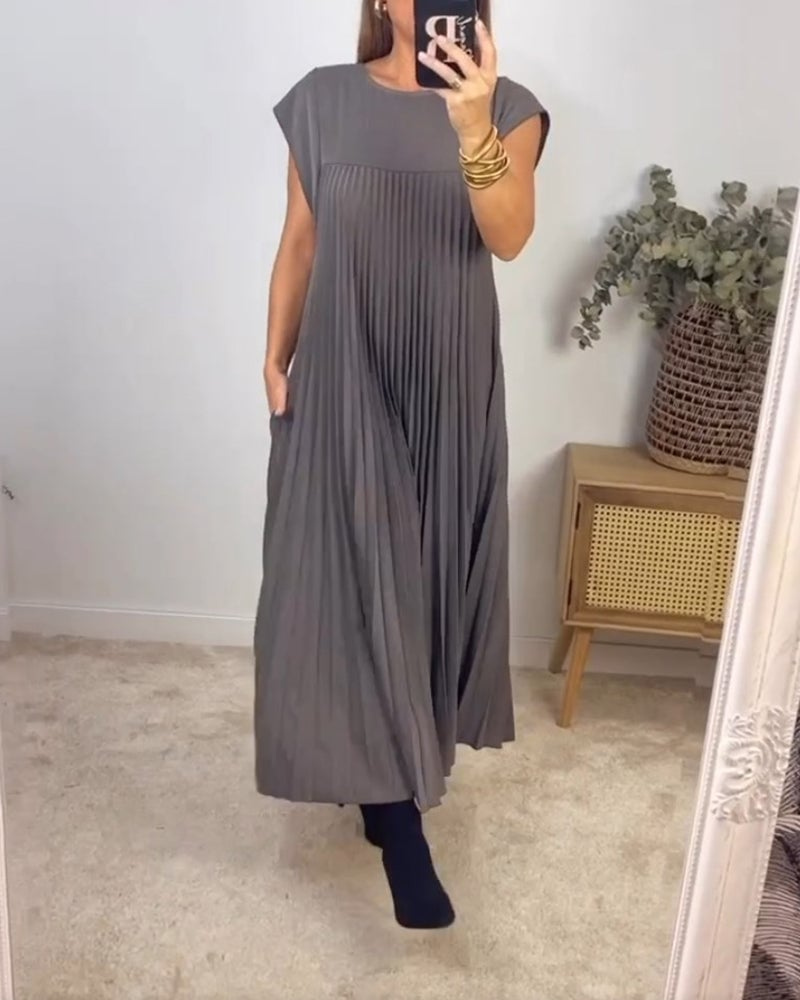 Sylvie | Women's Satin Pleated Cap Sleeve Round Neck Maxi Dress Carol & Margaret Wilmington