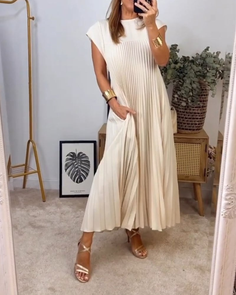 Sylvie | Women's Satin Pleated Cap Sleeve Round Neck Maxi Dress Carol & Margaret Wilmington