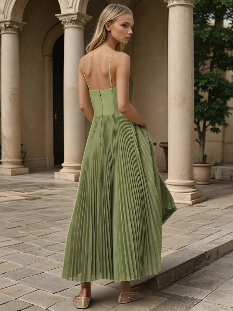 Zora | Women's Green Chiffon Pleated Corset Bustier Maxi Dress Carol & Margaret Wilmington