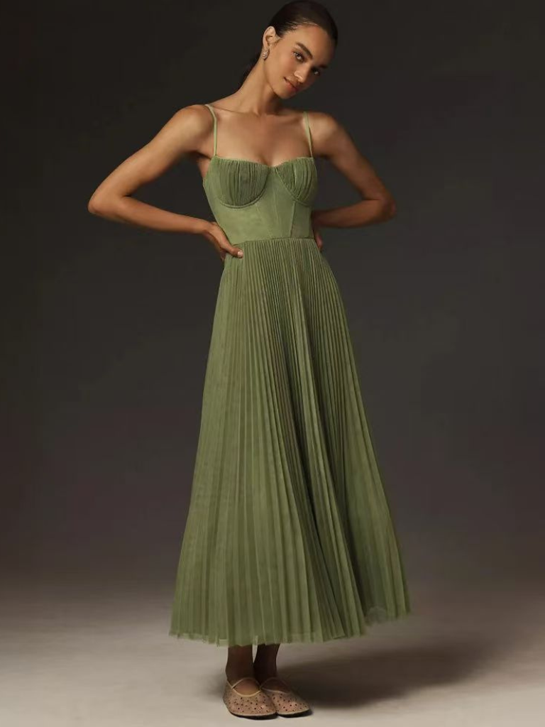 Zora | Women's Green Chiffon Pleated Corset Bustier Maxi Dress Carol & Margaret Wilmington