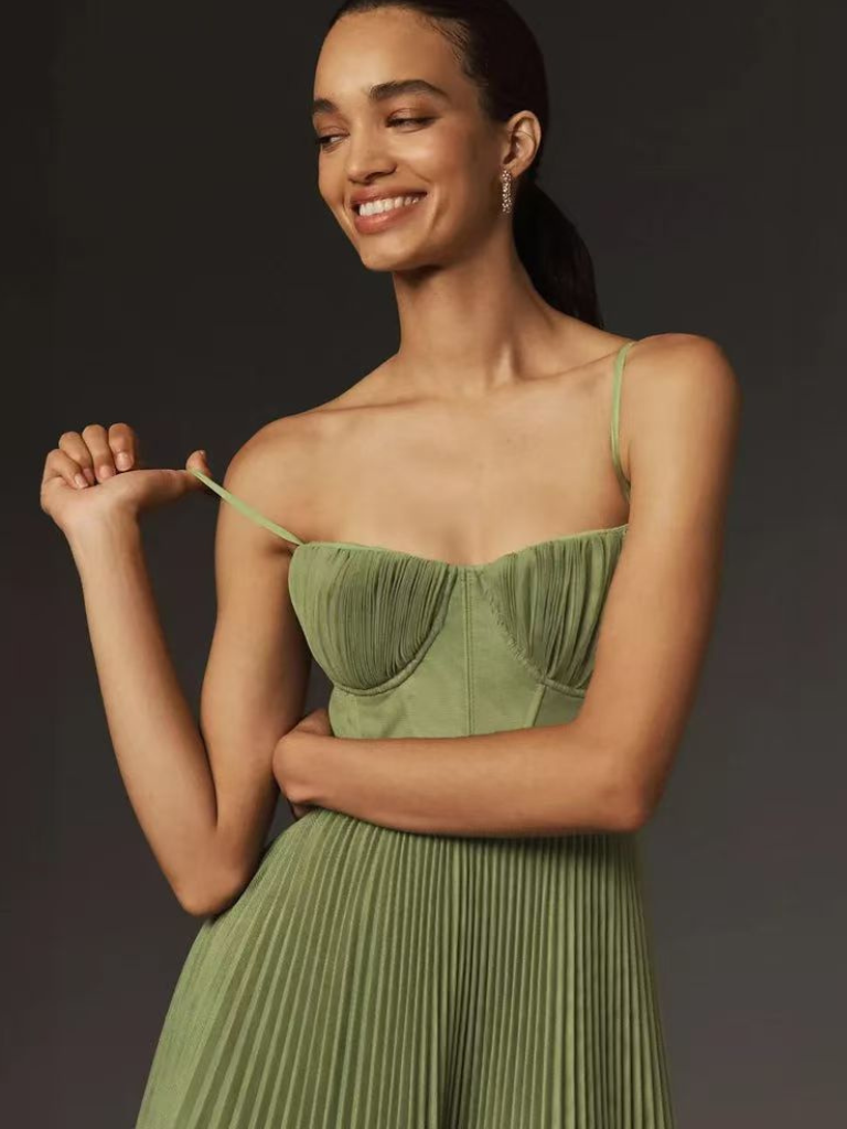 Zora | Women's Green Chiffon Pleated Corset Bustier Maxi Dress Carol & Margaret Wilmington