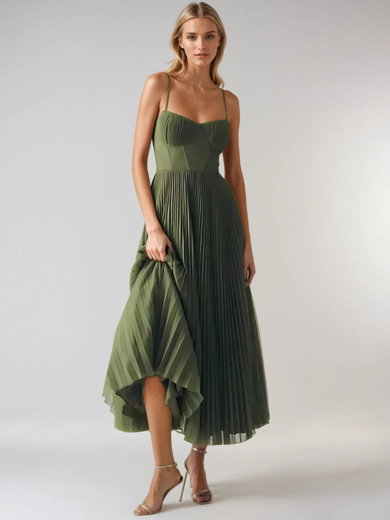 Zora | Women's Green Chiffon Pleated Corset Bustier Maxi Dress Carol & Margaret Wilmington