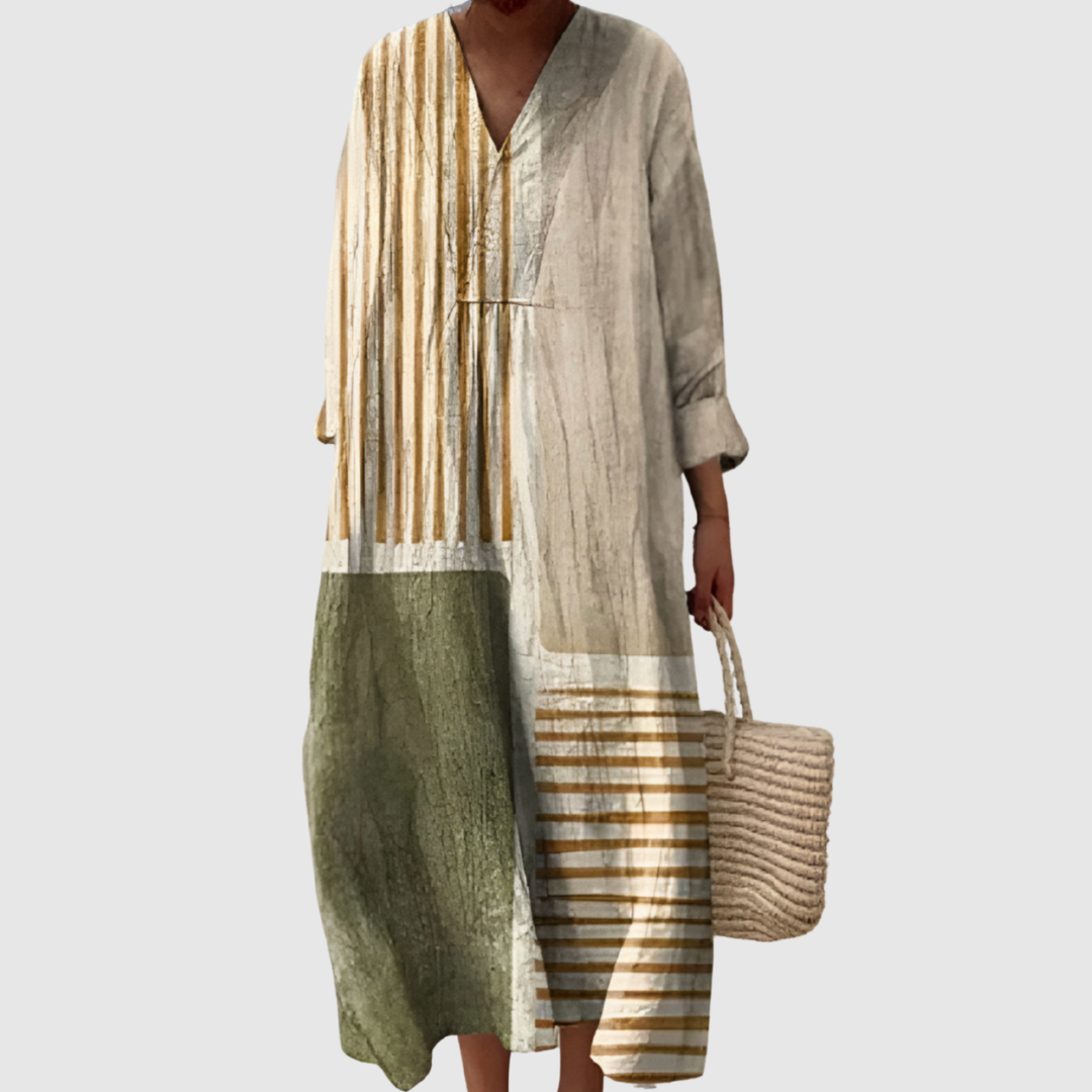 Vérane | Earth-Tone Abstract Panel Dress Carol & Margaret Wilmington