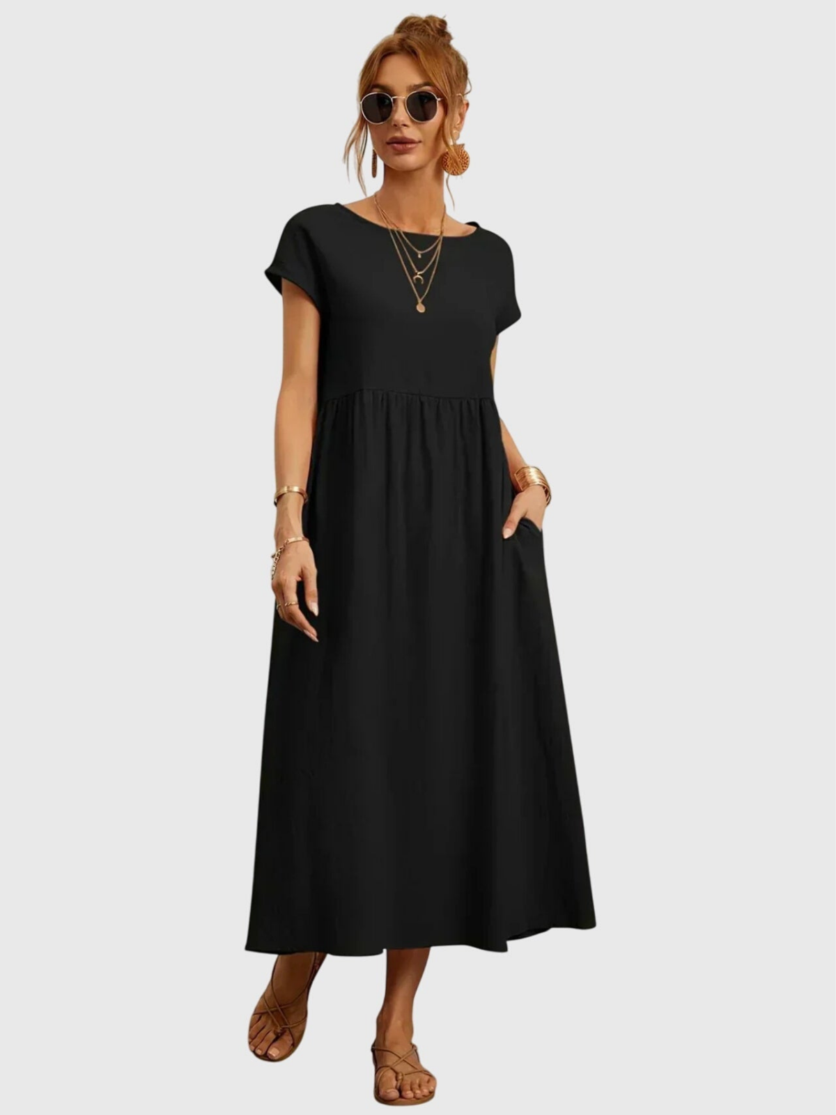 Rosalyn | Women's Linen Round Neck Gathered Waist Midi Dress Carol & Margaret Wilmington