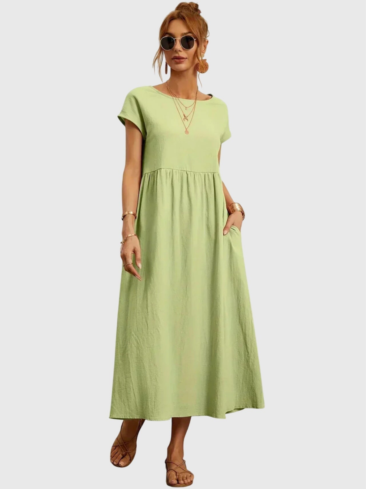 Rosalyn | Women's Linen Round Neck Gathered Waist Midi Dress Carol & Margaret Wilmington
