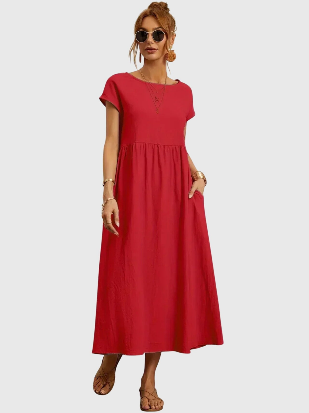 Rosalyn | Women's Linen Round Neck Gathered Waist Midi Dress Carol & Margaret Wilmington