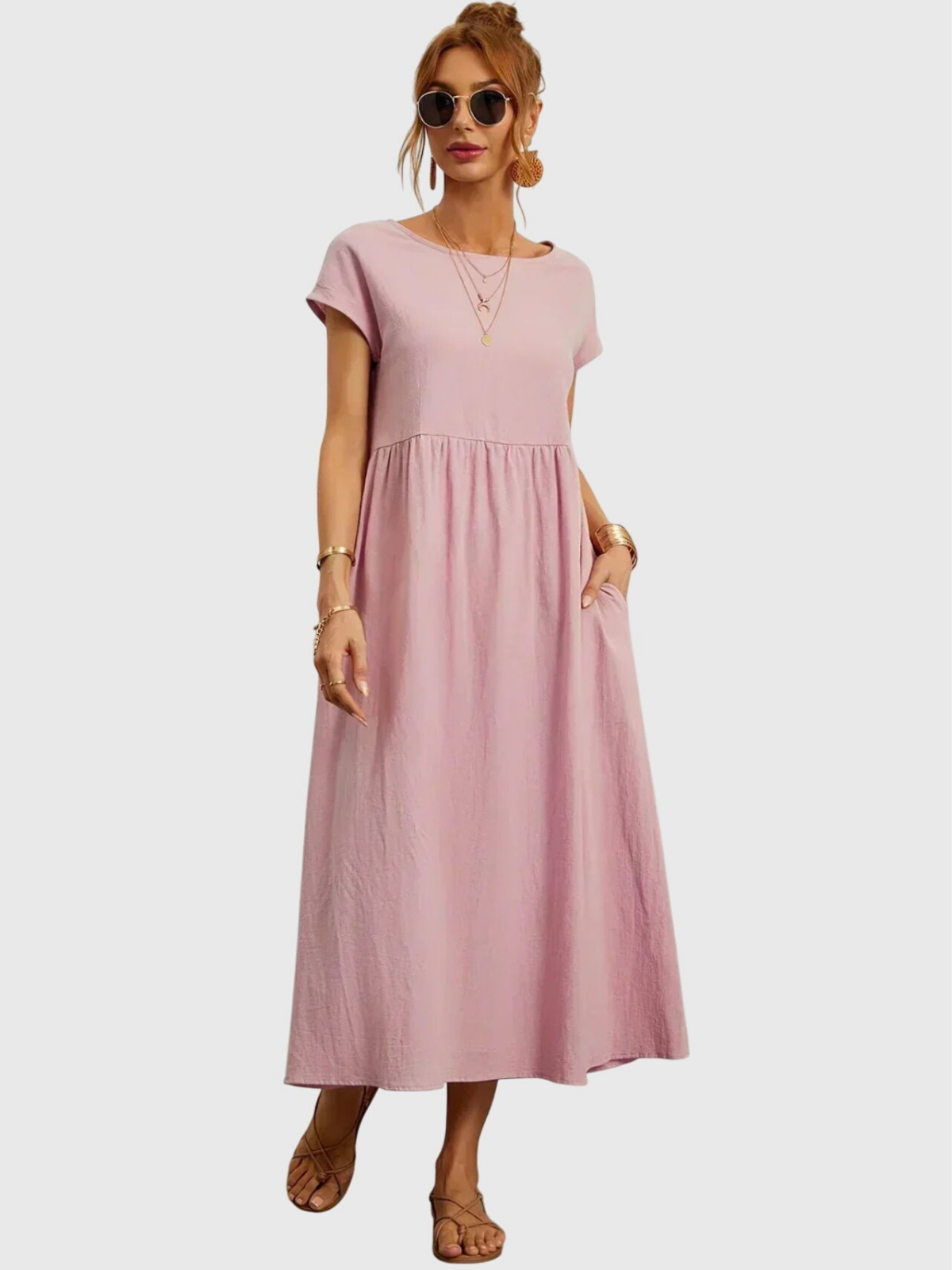 Rosalyn | Women's Linen Round Neck Gathered Waist Midi Dress Carol & Margaret Wilmington