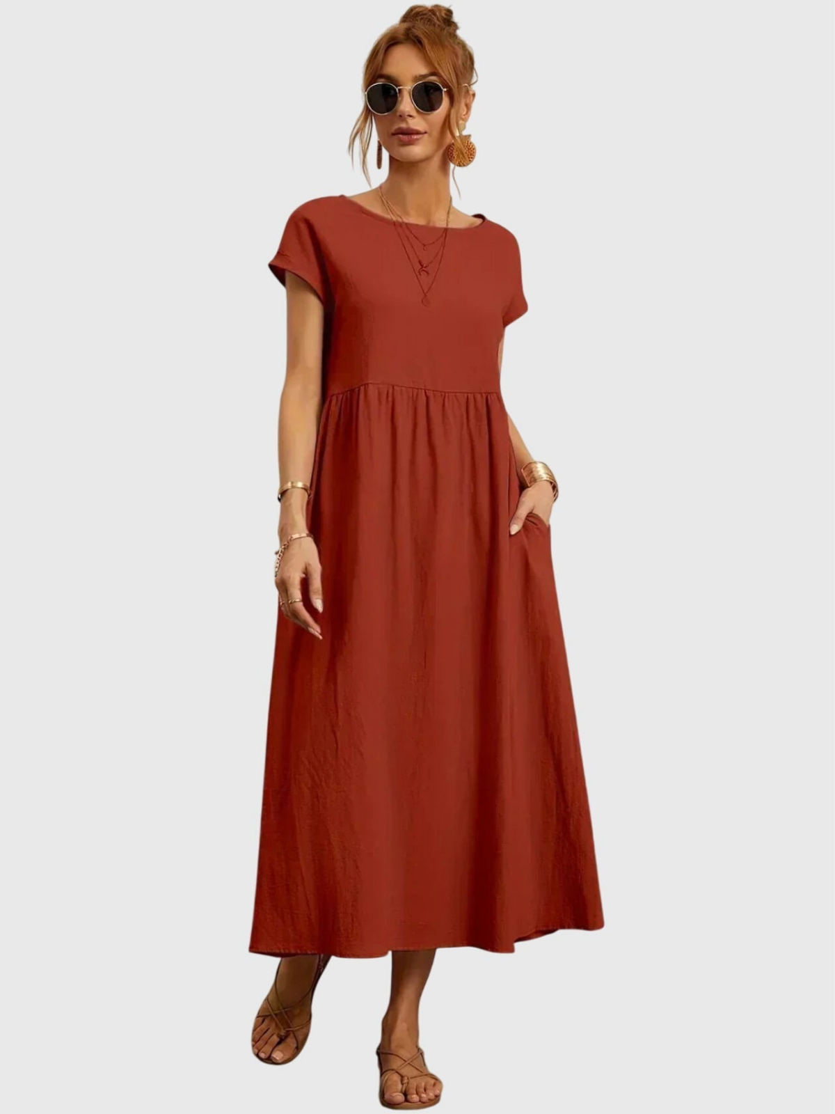 Rosalyn | Women's Linen Round Neck Gathered Waist Midi Dress Carol & Margaret Wilmington