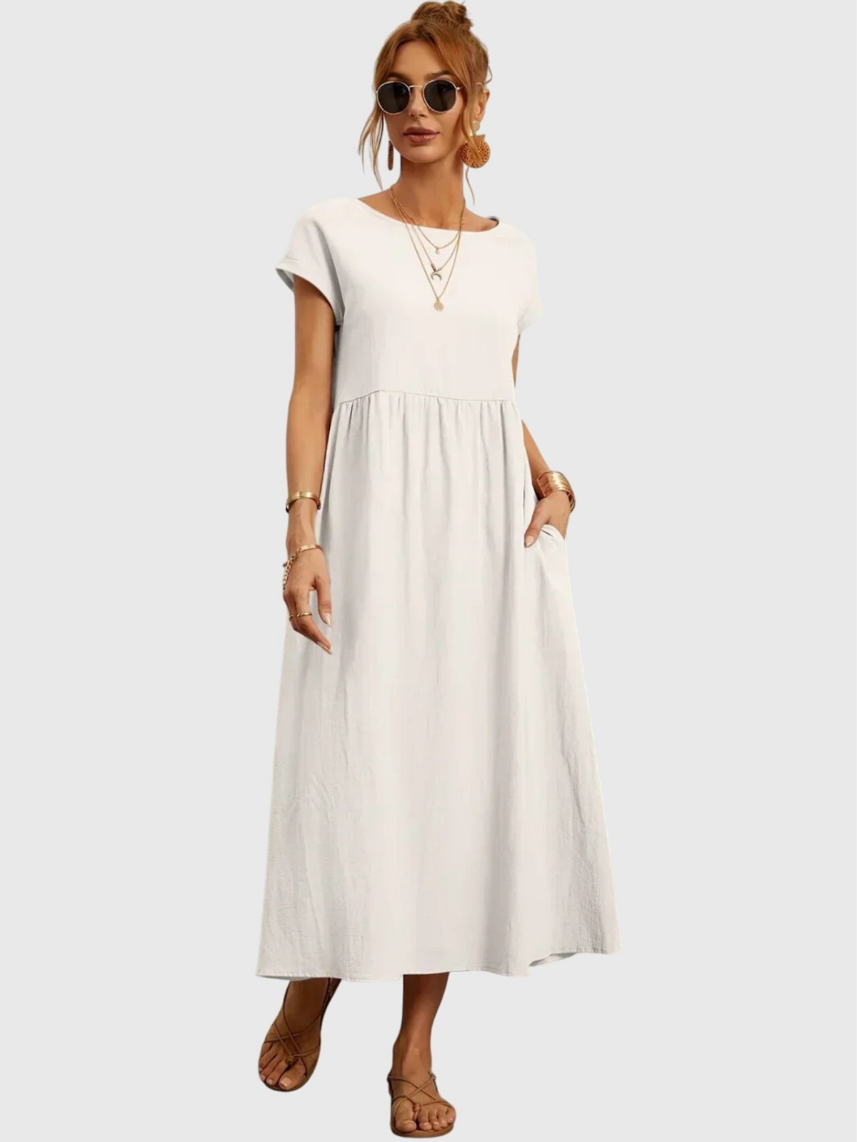 Rosalyn | Women's Linen Round Neck Gathered Waist Midi Dress Carol & Margaret Wilmington