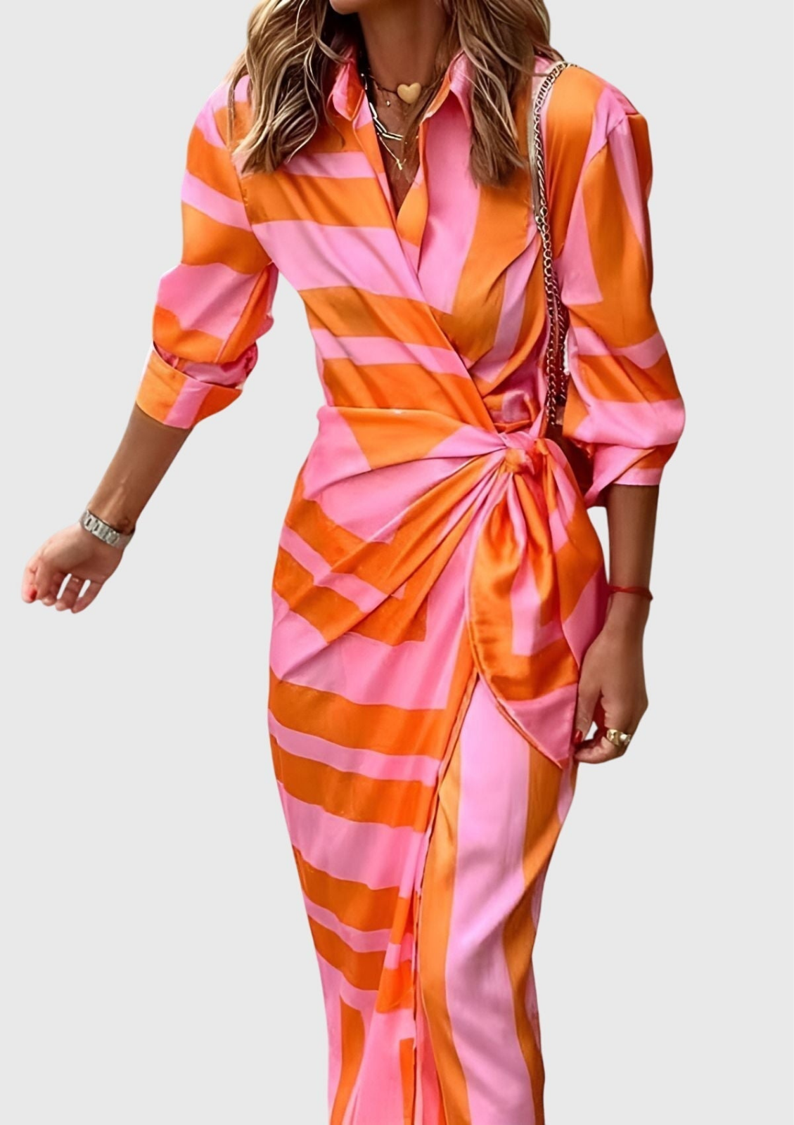 Liberty | Women's Satin Geometric Print Wrap Tie-Waist Maxi Dress Carol & Margaret Wilmington