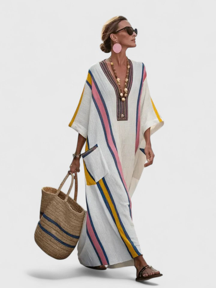 Maribel | Women's Linen Stripe-Trim V-Neck Boho Maxi Dress Carol & Margaret Wilmington