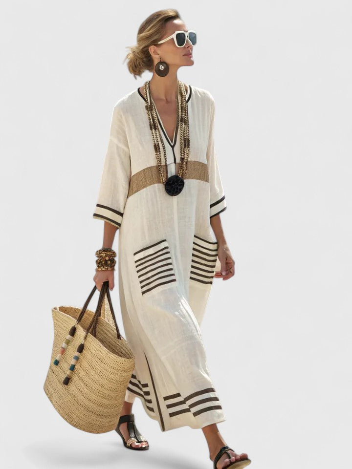 Maribel | Women's Linen Stripe-Trim V-Neck Boho Maxi Dress Carol & Margaret Wilmington