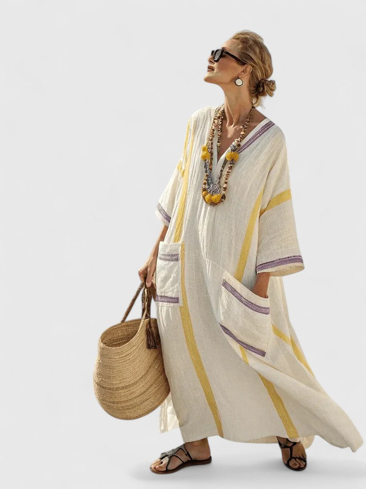Maribel | Women's Linen Stripe-Trim V-Neck Boho Maxi Dress Carol & Margaret Wilmington