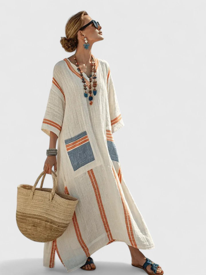 Maribel | Women's Linen Stripe-Trim V-Neck Boho Maxi Dress Carol & Margaret Wilmington