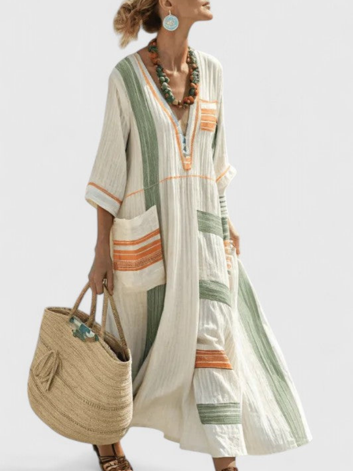 Maribel | Women's Linen Stripe-Trim V-Neck Boho Maxi Dress Carol & Margaret Wilmington