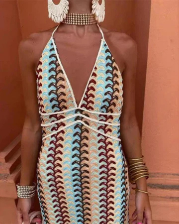 Hadassah | Women's Multicolor Knit Crochet Deep V-Neck Halter Maxi Dress Carol & Margaret Wilmington