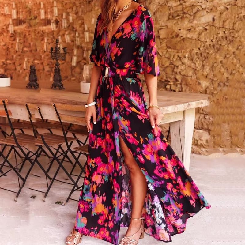 Boho Maxi Dress Deep V-Neck Wrap Style Summer - Black