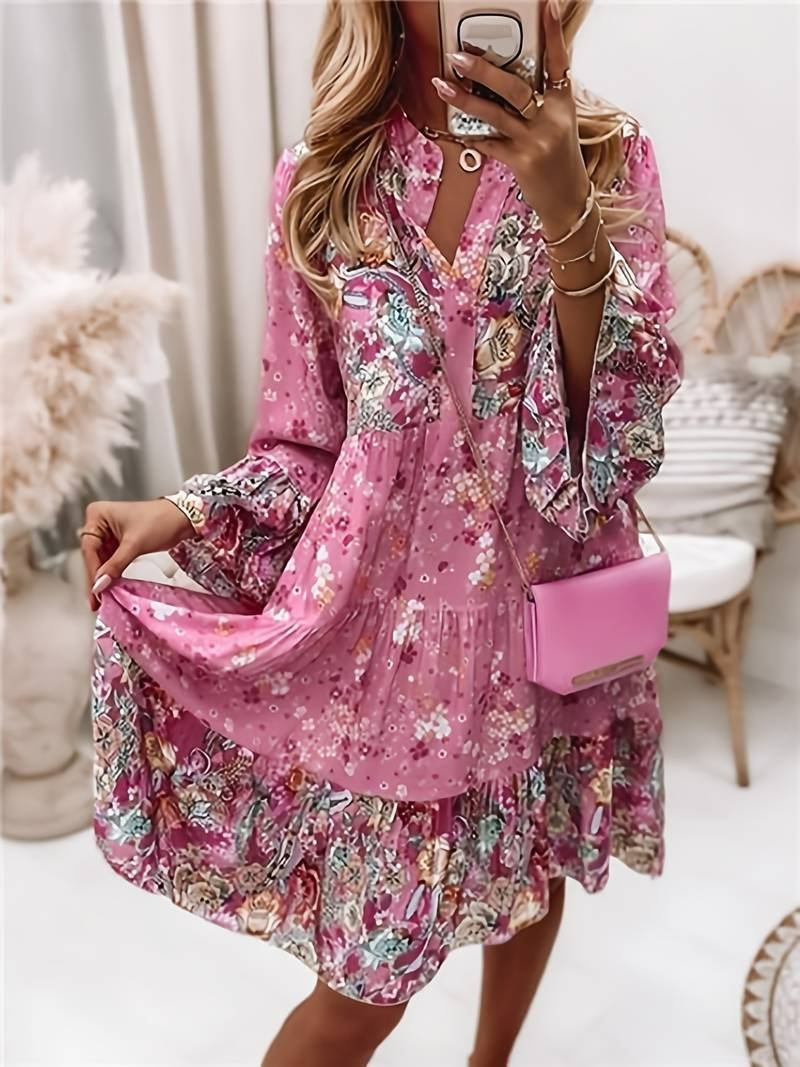 Boho Midi Dress Floral Print V-Neck Long Sleeve Tiered - Pink