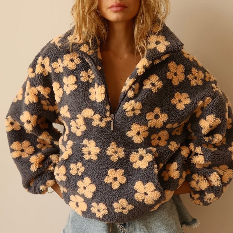 Floral Teddy Fleece Half Zip Jacket Oversized - Yellow