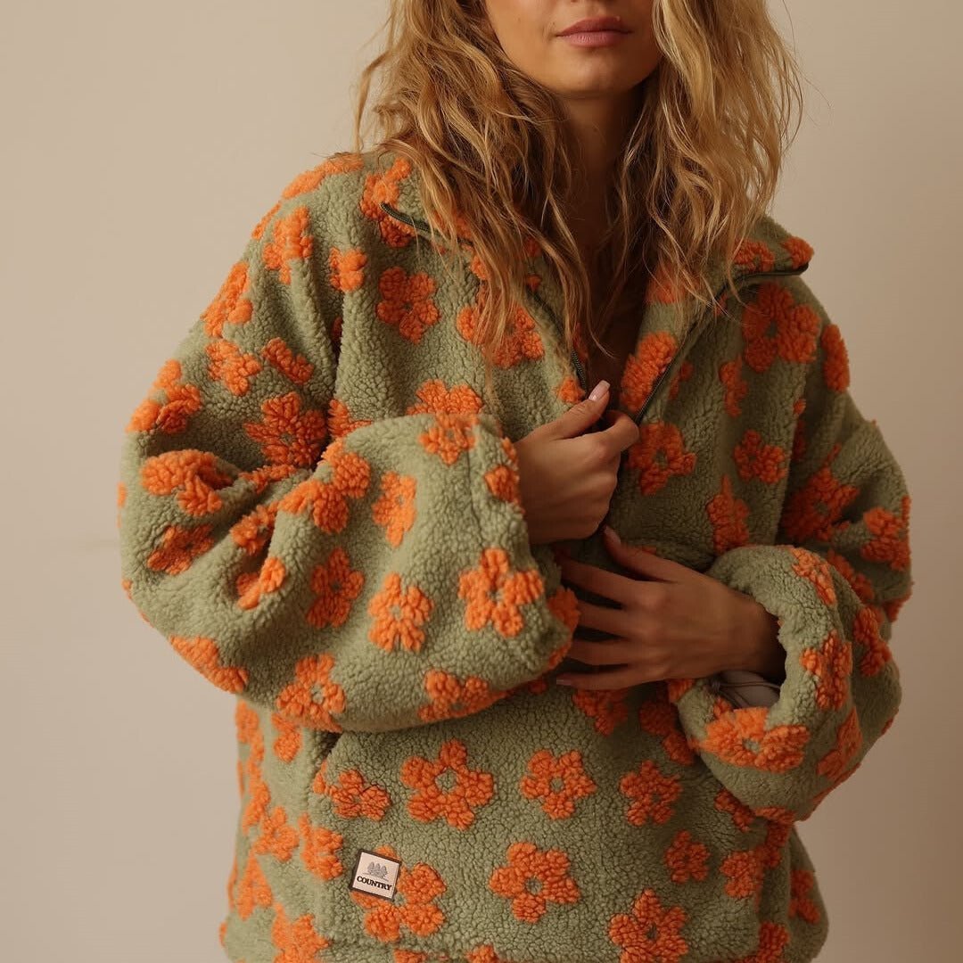 Floral Teddy Fleece Half Zip Jacket Oversized - Orange