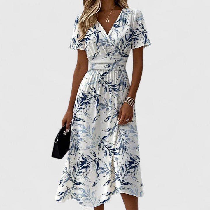 Floral Wrap Midi Dress V-Neck Short Sleeves - Floral White