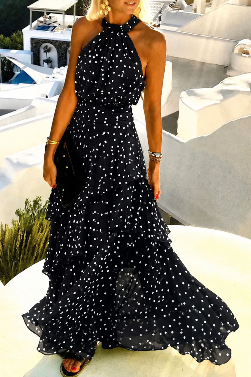 Halter Neck Maxi Dress Polka Dot Pleated Backless Boho - Black