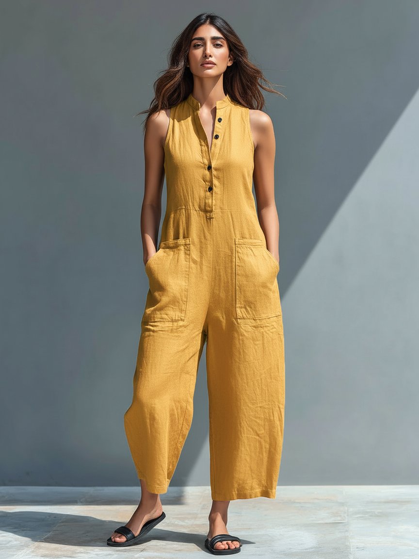 Jumpsuit Linen Blend Stand Collar Button-Up Sleeveless - Yellow