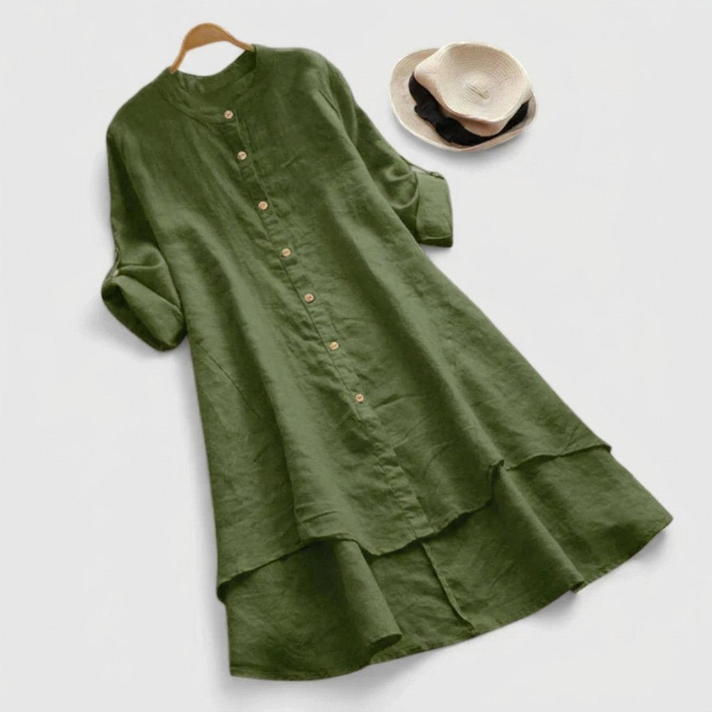 Linen Shirt Dress Button-Down Layered Hem - Army Green