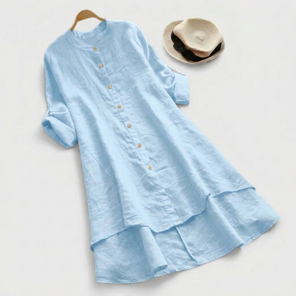 Linen Shirt Dress Button-Down Layered Hem - Light Blue