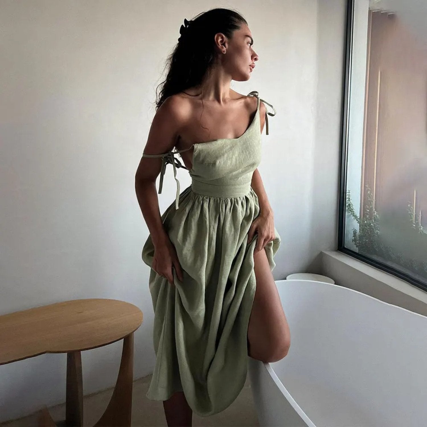 Linen Sleeveless Maxi Dress A-Line Open Back Adjustable Tie - Green