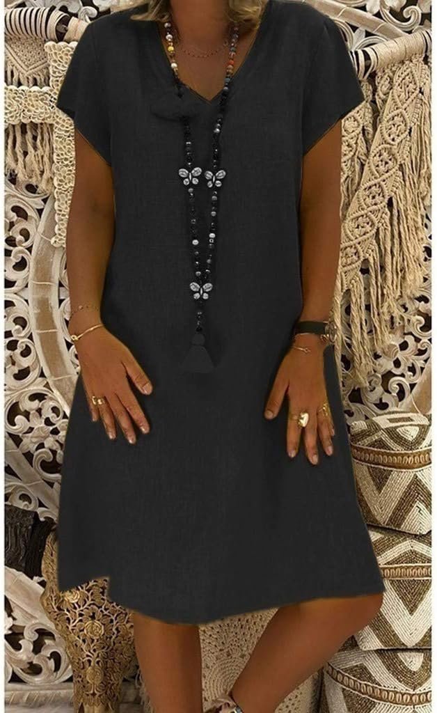 Linen V-Neck A-Line Mini Dress Short Sleeve Summer - Schwarz