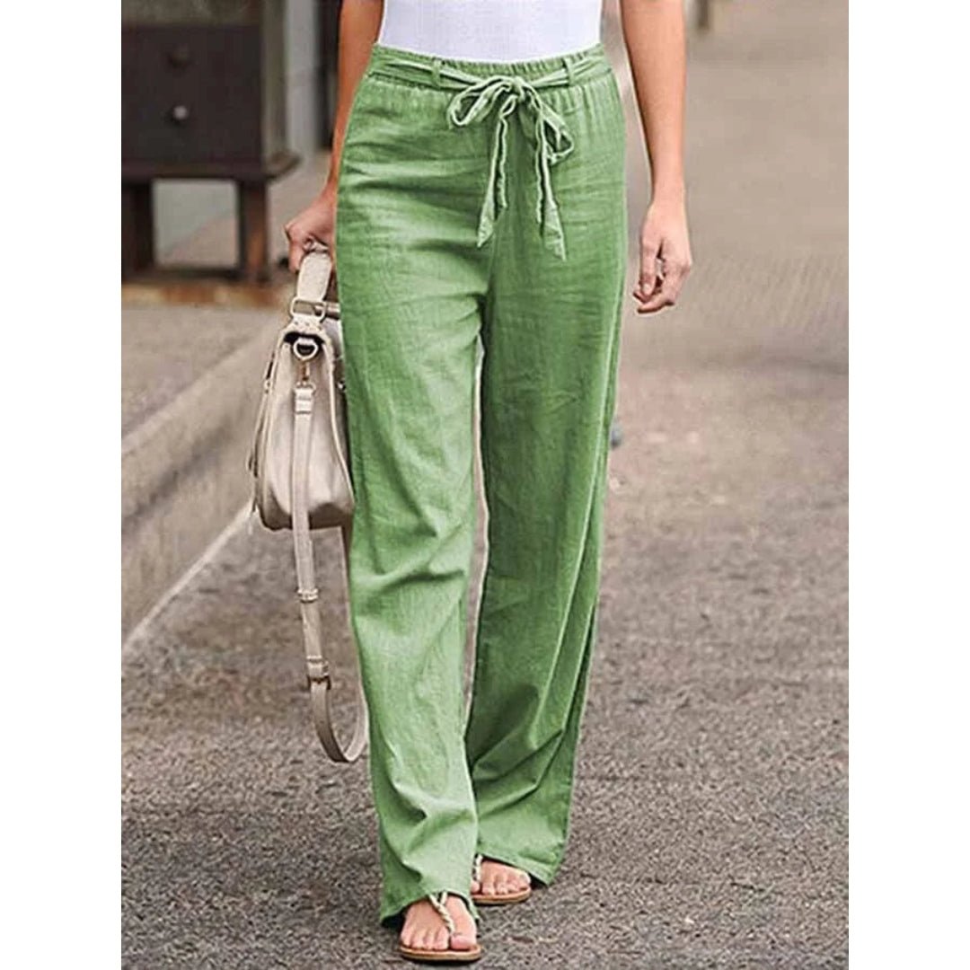 Linen Wide Leg Palazzo Pants Drawstring Waist Casual - Green