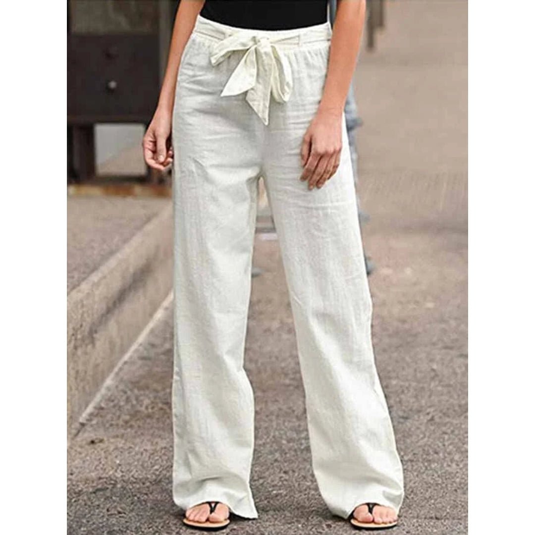 Linen Wide Leg Palazzo Pants Drawstring Waist Casual - Cream