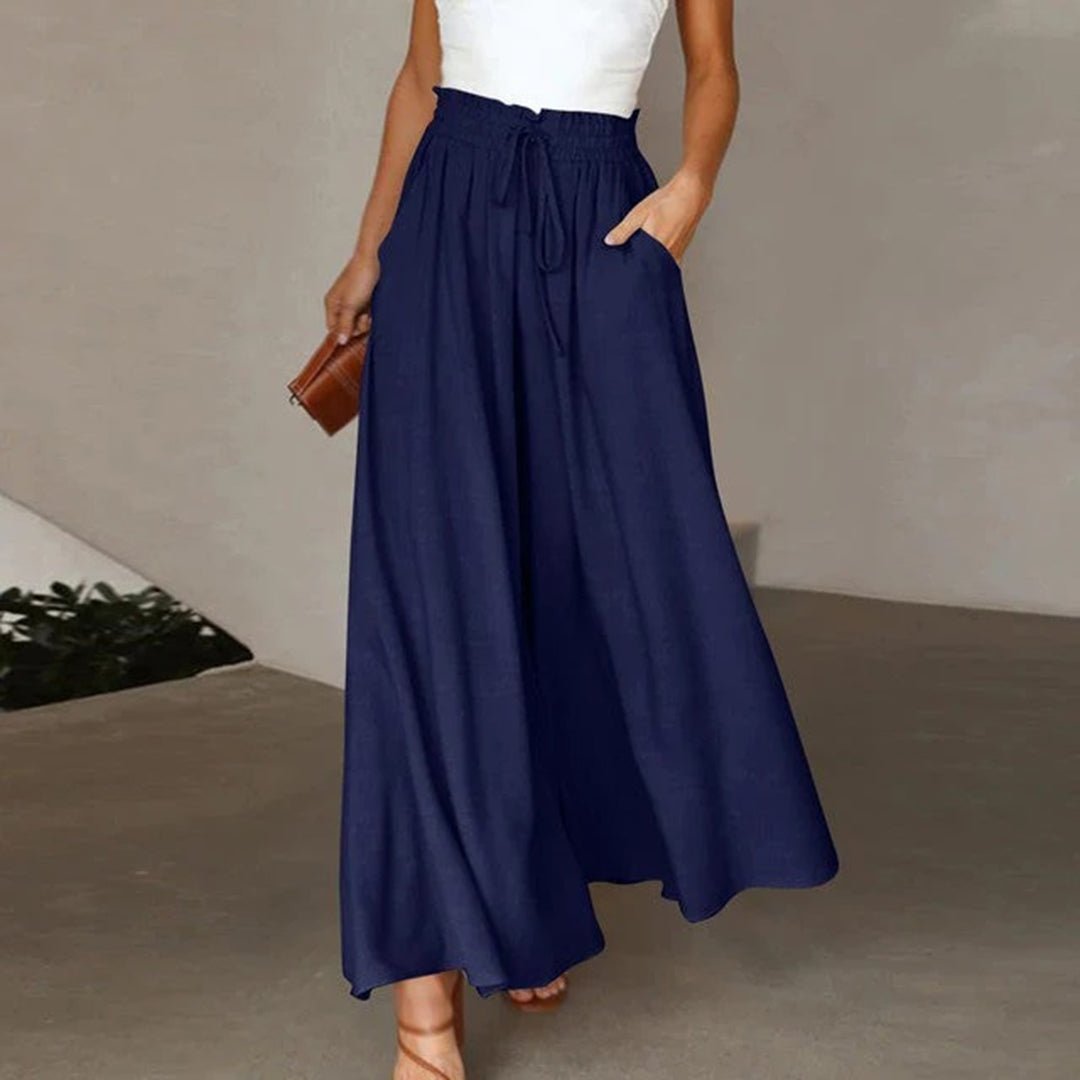 Linen Wide Leg Pants High Waist Drawstring A-Line Pockets - Dark Blue