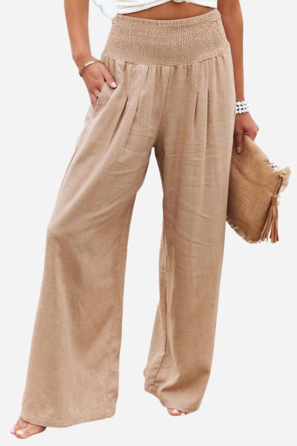 Linen Wide Leg Pants High Waisted Smocked Waist Flowing - Khaki