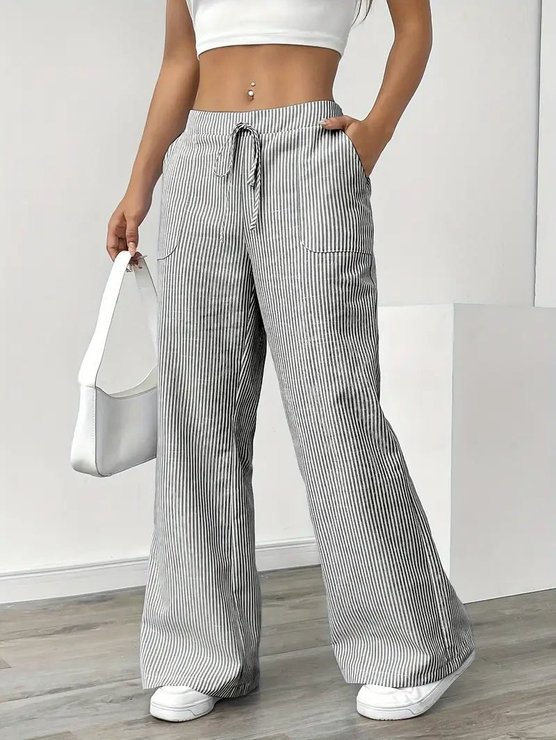 Olivia | Linen Wide Leg Striped Pants Drawstring Waist Pockets