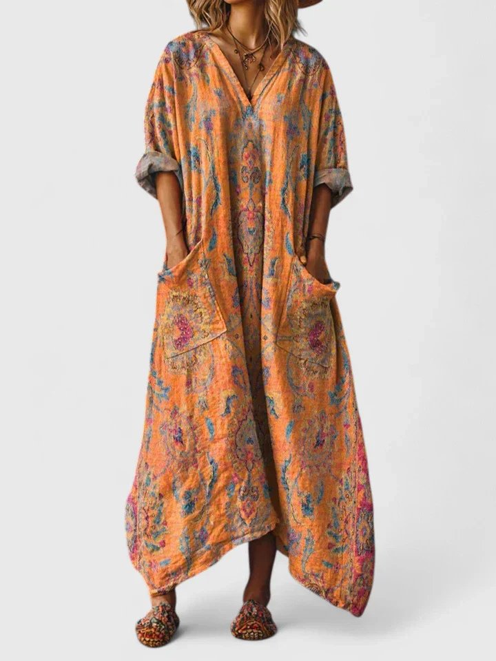 Maxi Dress Cotton Boho Paisley Print Oversized Pockets - Orange