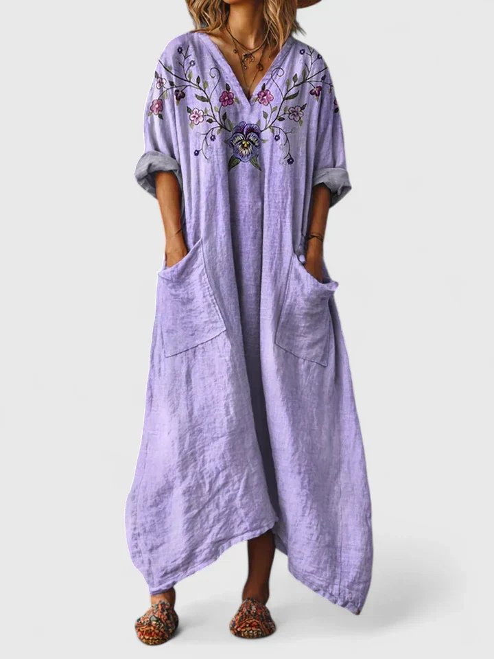 Maxi Dress Cotton Boho Paisley Print Oversized Pockets - Purple
