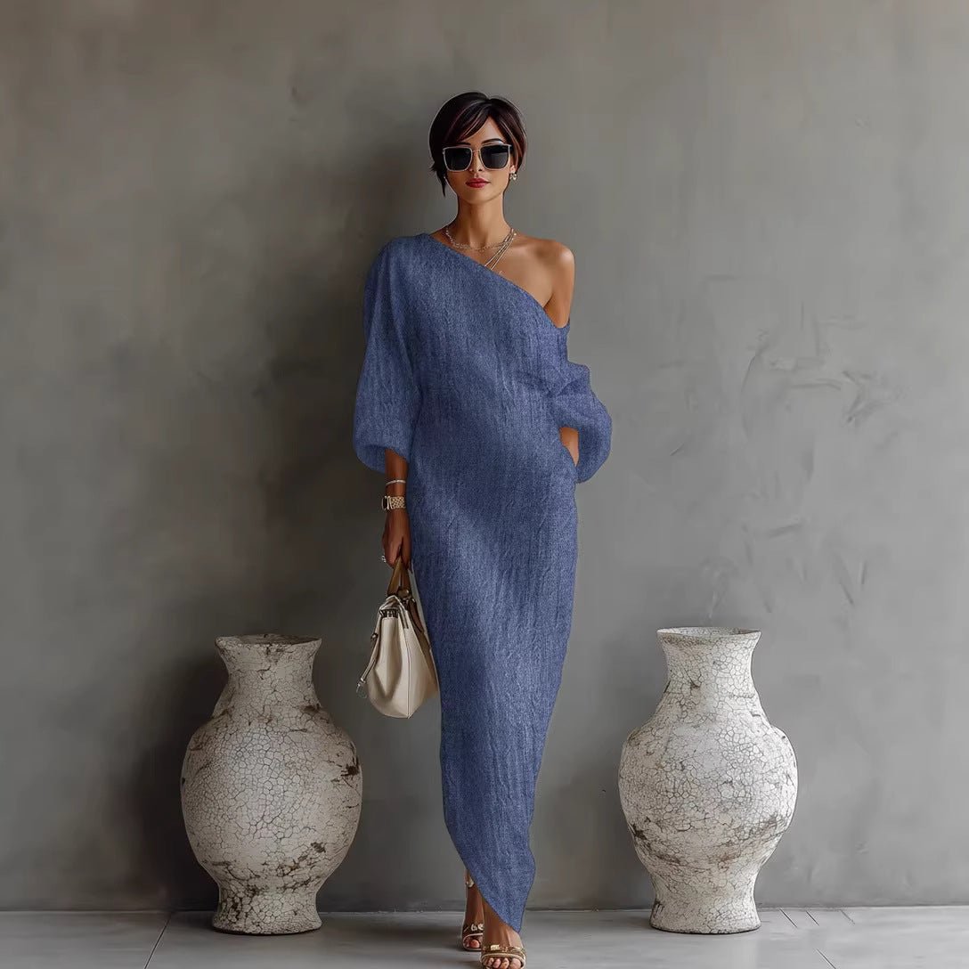 Maxi Dress Off Shoulder Lantern Sleeve Linen Blend Loose - blue