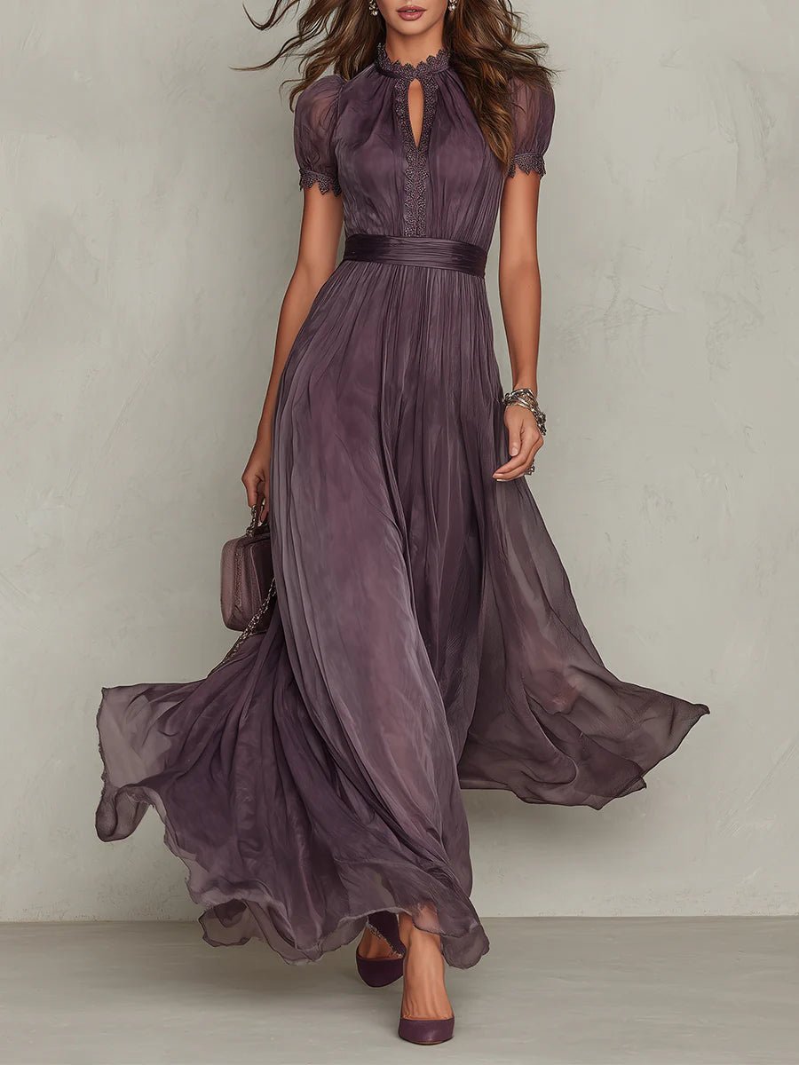Maxi Dress Short Sleeve Keyhole Neckline Puff Sleeve - Purple