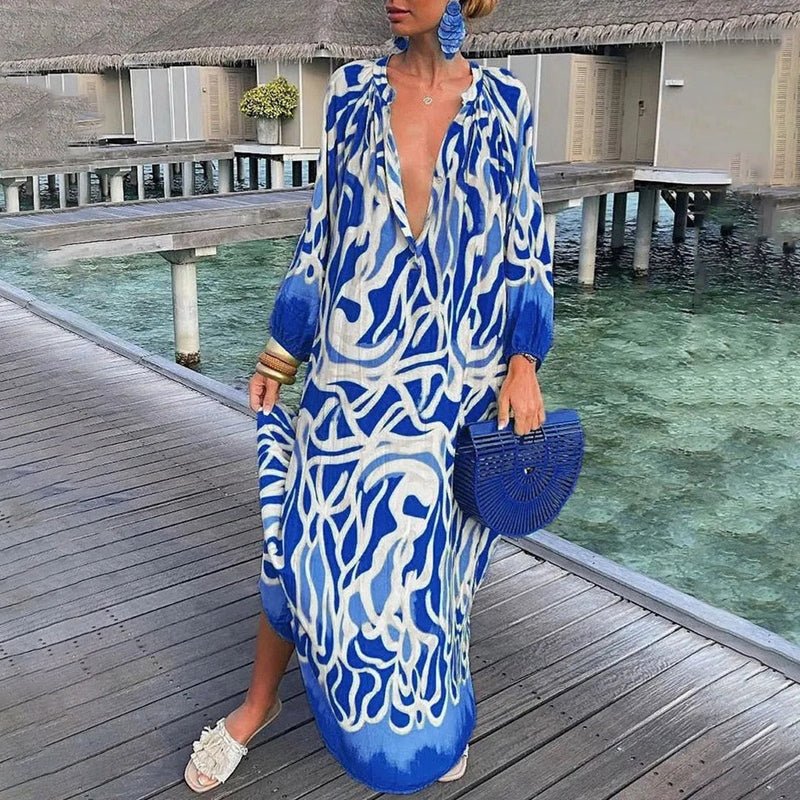 Maxi Kaftan Dress Abstract Print V-Neck Cover Up - Blue