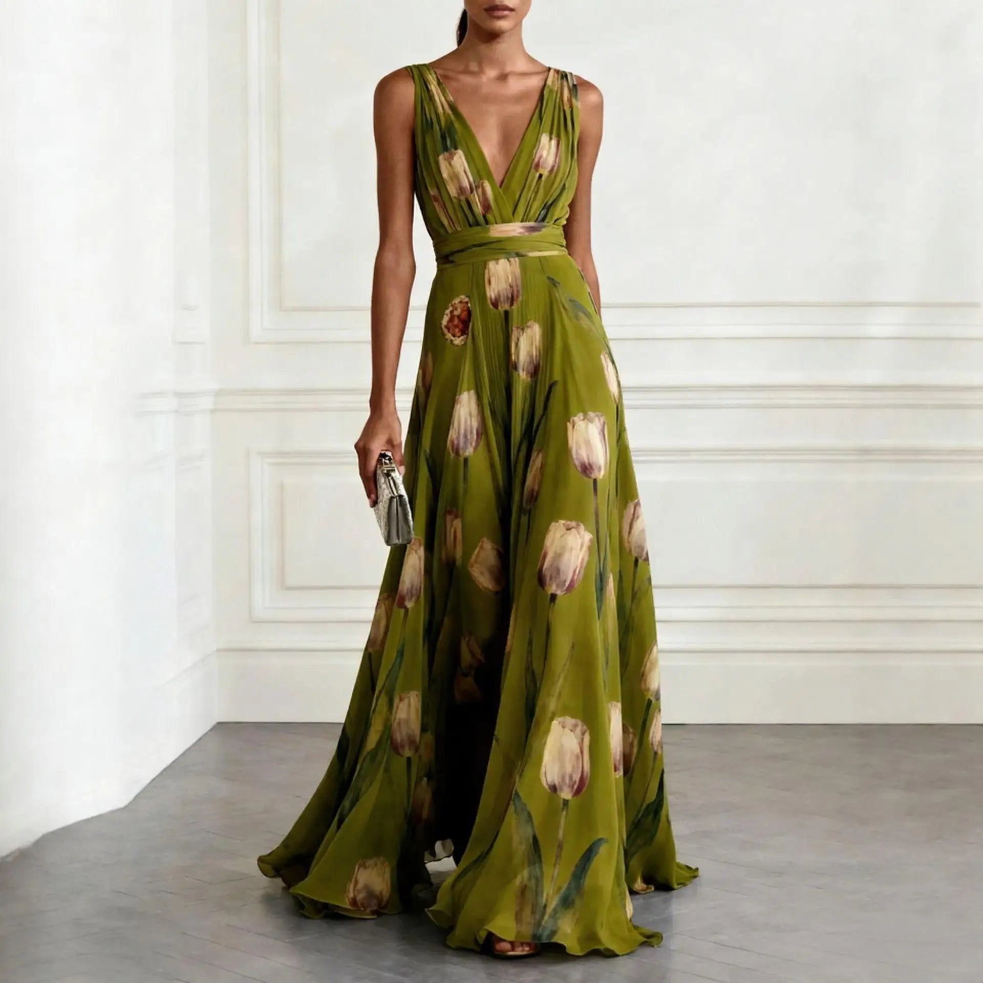Maxi Wrap Dress Deep V-Neck Chiffon Sleeveless Floor Length - Green