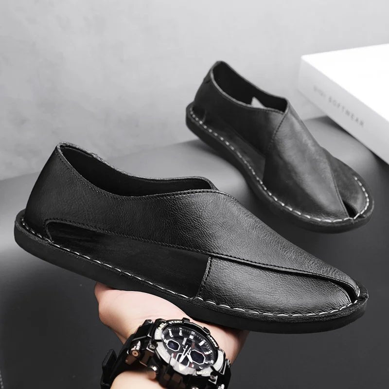 Men's Leather Slide Sandals Italian Calfskin Contoured Foam - Black