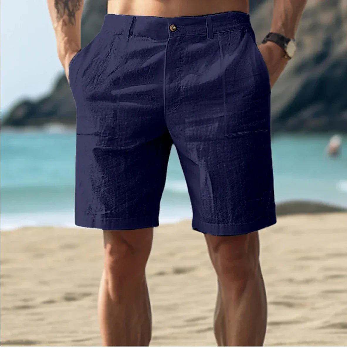Men's Linen Casual Shorts Flat Front Summer Chino - Dark Blue