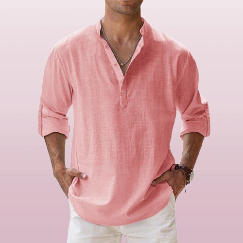 Men's Linen Long Sleeve Grandad Collar Shirt - Pink