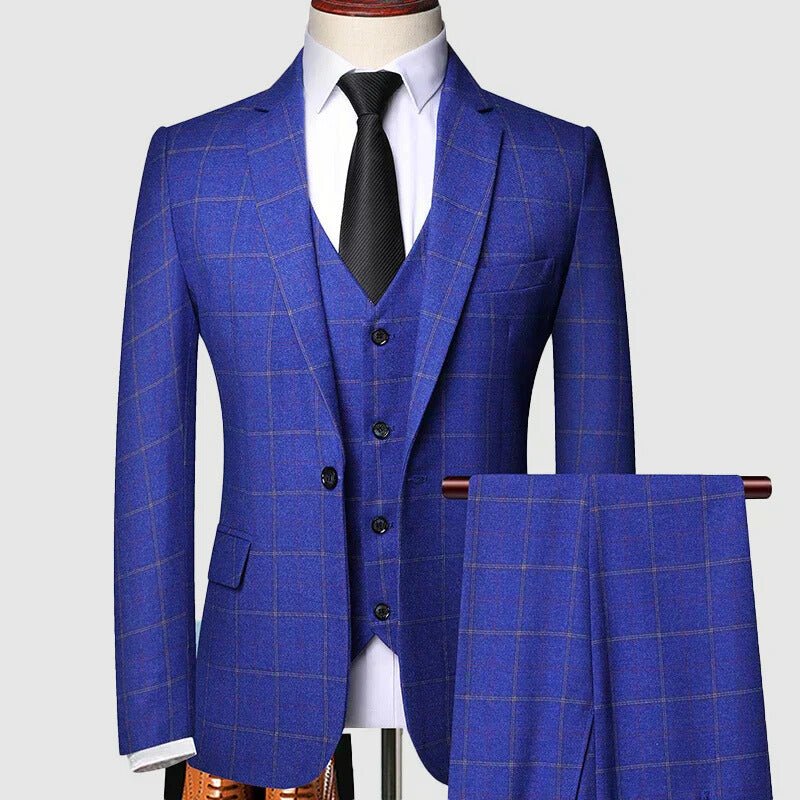 Men's Tailored Three-Piece Windowpane Check Suit - Blue