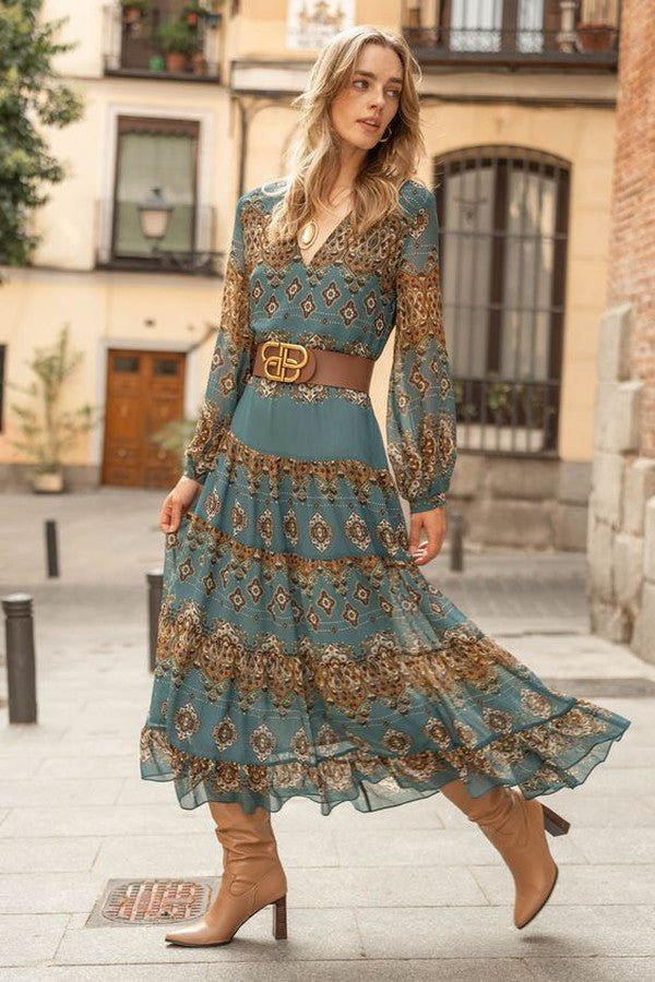 Midi Dress Boho Medallion Print Puff Sleeves Tiered