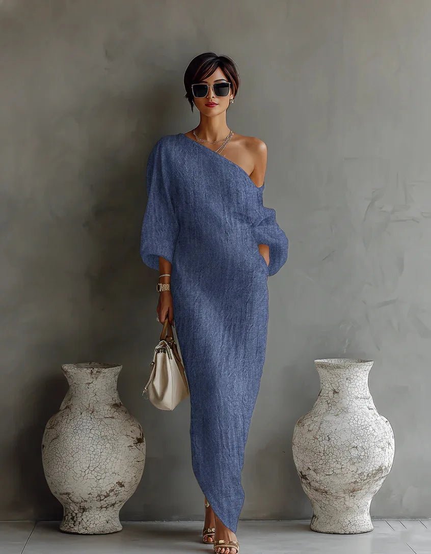 One Shoulder Linen Maxi Dress Asymmetrical Relaxed Fit - Blue