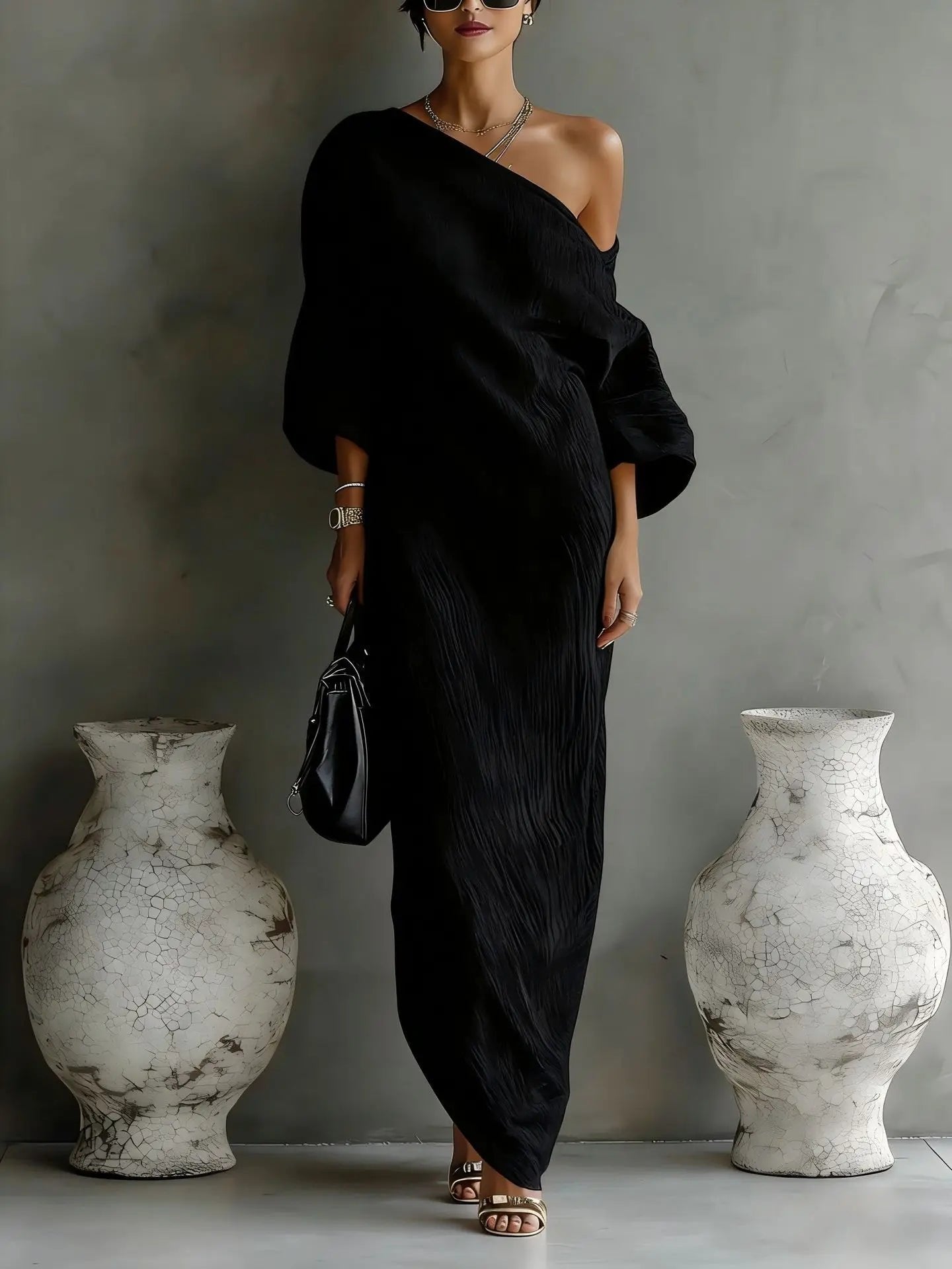 One Shoulder Linen Maxi Dress Asymmetrical Relaxed Fit - Black