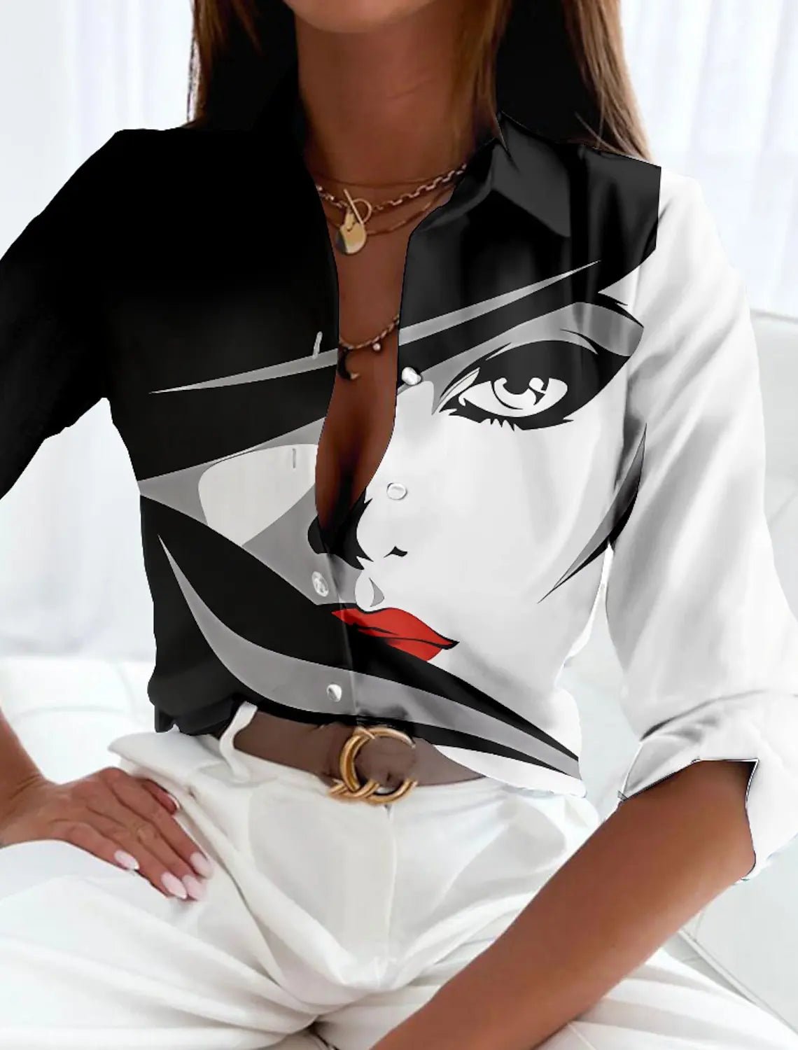 Plus Size Button-Up Shirt Abstract Geometric Print Casual - Black White